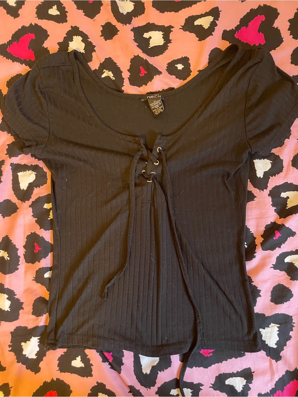 Rue21 Black Ribbed Lace-Up Short Sleeve Tee